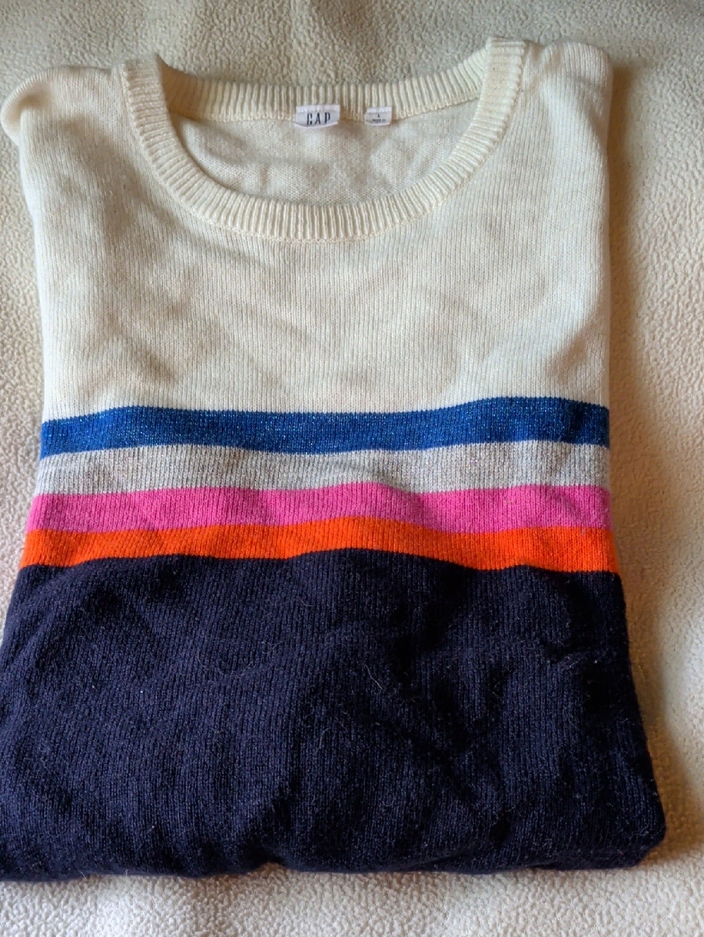 GAP Cream, Navy & Multicolor Striped Crewneck Sweater
